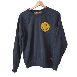 Aviator Nation Blue Smiley Face Crew Neck Cotton Blend Sweatshirt XS Made In USA